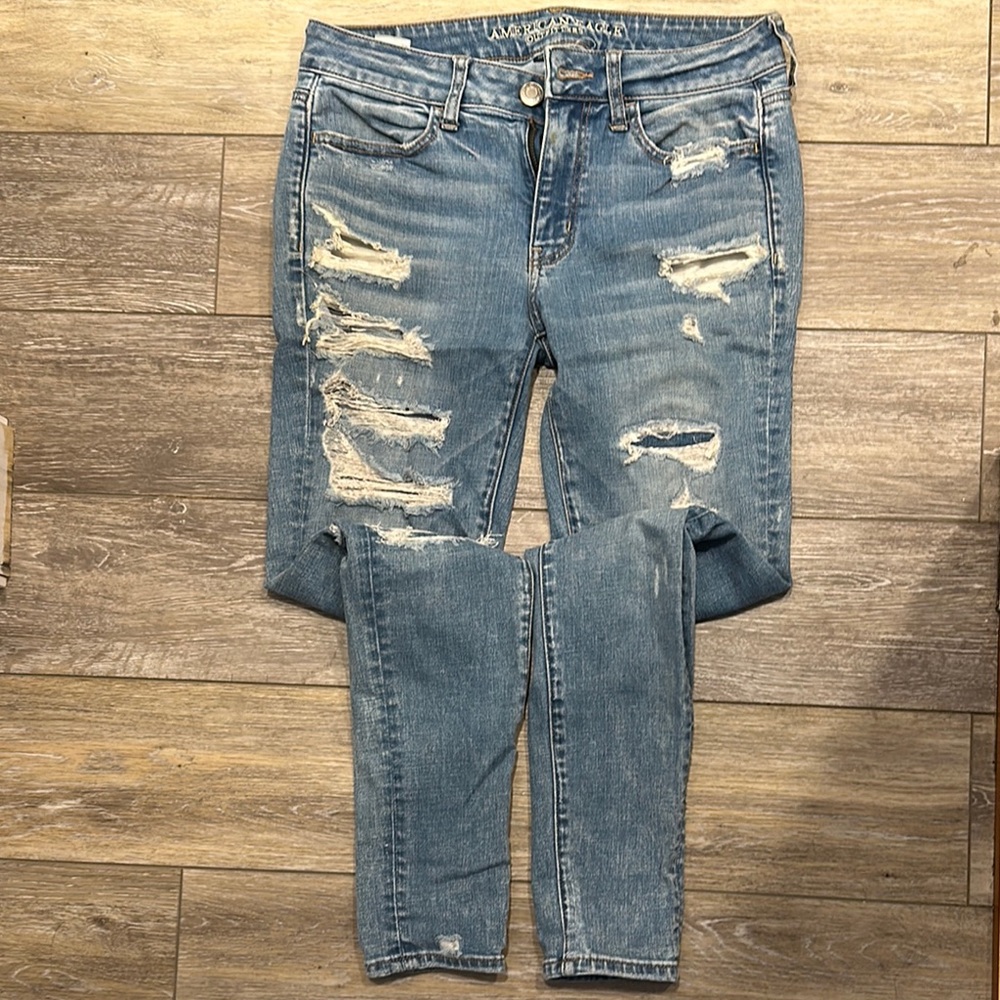 American Eagle Blue Jeggings with Distressed Design